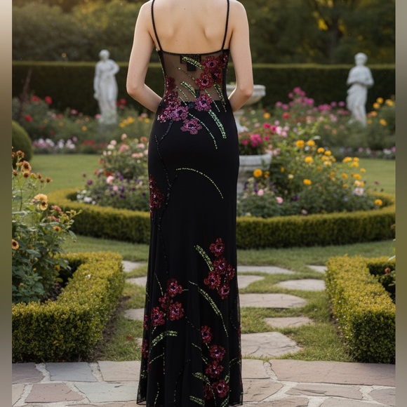 Black hand beaded designer Floral Evening Slip Dress - Picture 7 of 11